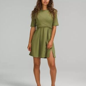 Lululemon Cotton Wrap-Front T-Shirt Dress in Bronze Green